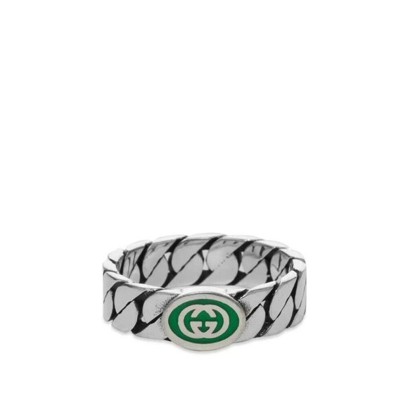 NEW GUCCI INTERLOCKING RING SILVER GG LOGO GREEN Chain Sz 15 IT 7.25 US Enamel - Picture 1 of 8